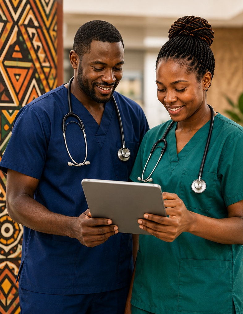 Two nurses reviewing a patient record together on a tablet