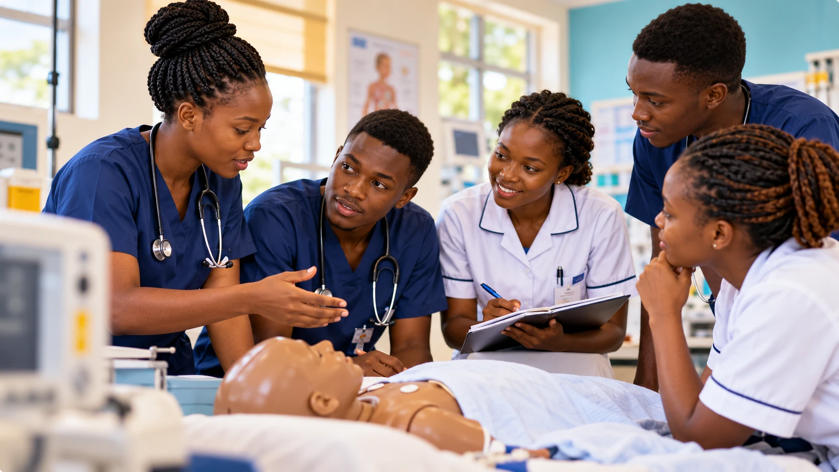 Healthcare students in scrubs and nursing uniforms gathered around a simulation manikin, discussing a case together