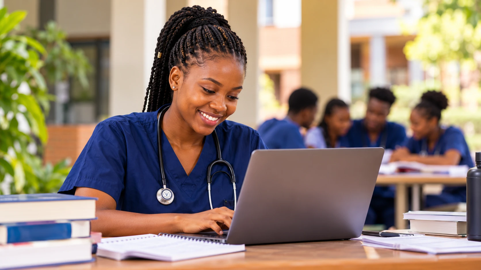 A nursing student in scrubs smiling as she studies on a laptop, with books beside her